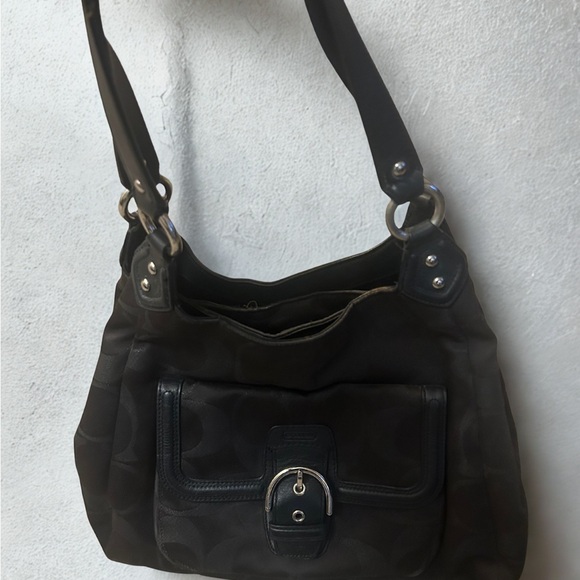 Coach Handbags - Authentic Coach Dark Brown Campbell Signature Shoulder Bag with Leather Trim